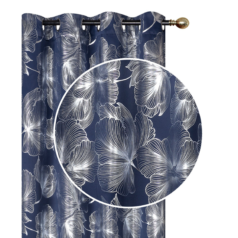 Foil Print Panel W 8 Grom Hibiscus Navy Blue 96" - Set of 2
