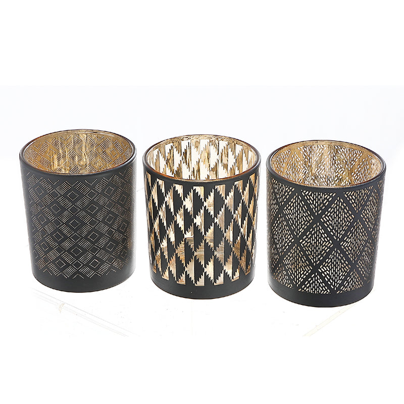Glass Tealight Holder Black Pattern  - Set of 3