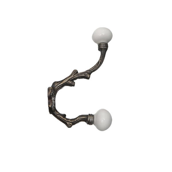 Iron French Hook With Ceramic Ivory Knob (Antique Brass) - Set of 4