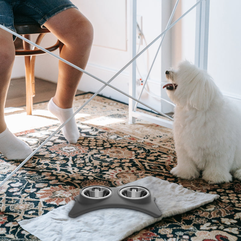 Stainless Steel Double Pet Bowl With Stand Gray