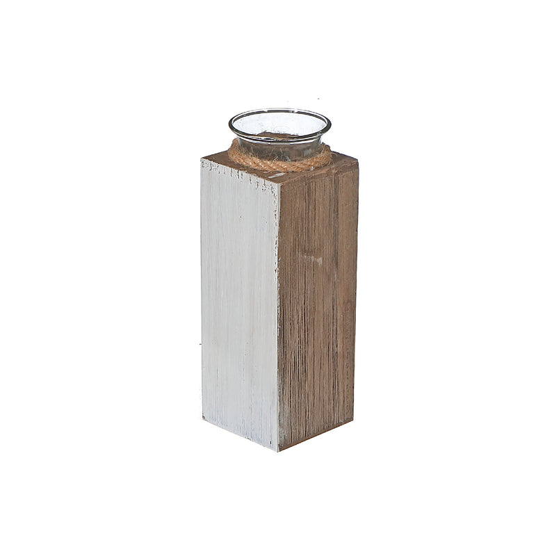 White Wooden Tealight Candle Holder With Rope 8"