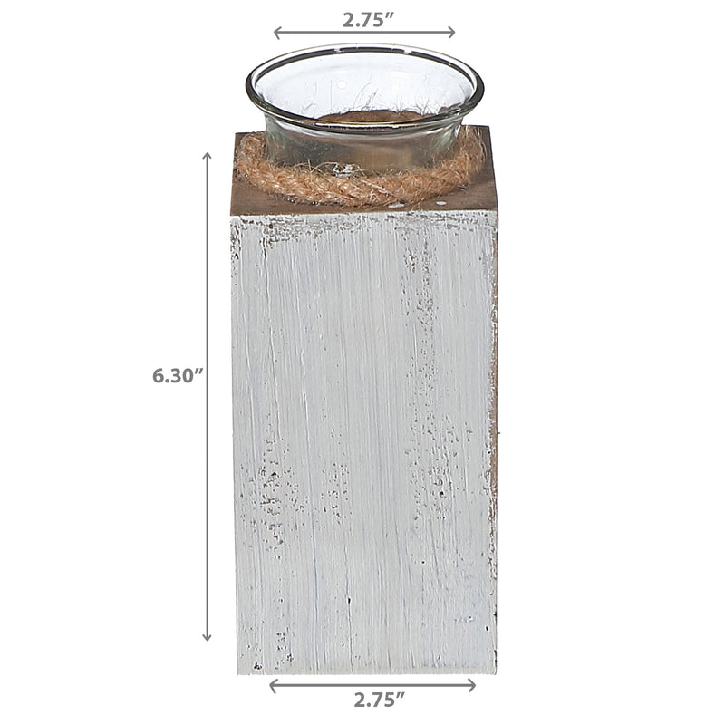 White Wooden Tealight Candle Holder With Rope 6.30"