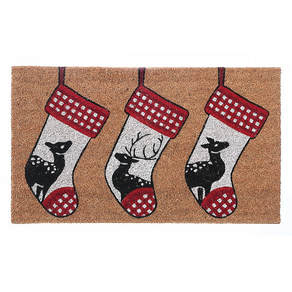 Christmas Coir Door Mat Triple Deer On Stocking