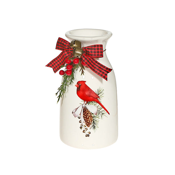 Ceramic Bottle With Ribbon (Cardinal On Pinecone) (6")