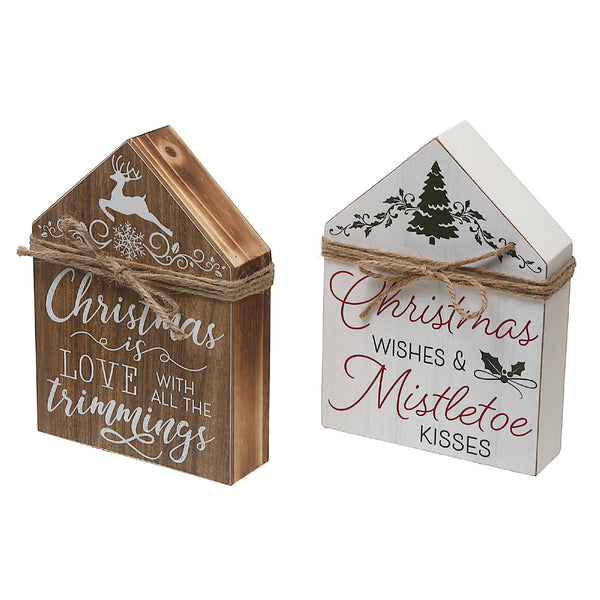 Christmas House Shaped Wood Block With Ribbon  - Set of 2