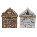 Christmas House Shaped Wood Block With Ribbon  - Set of 2