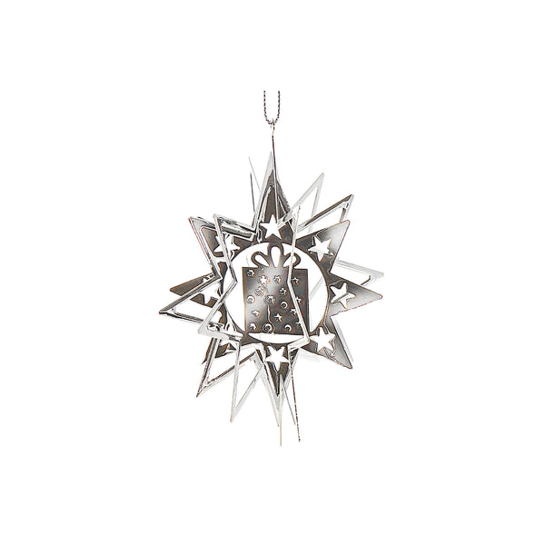 Christmas Spinning Silver Star Metal Ornament Present - Set of 12