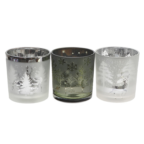 Glass Tealight Holders (Frosted Winter) (Asstd) - Set of 3