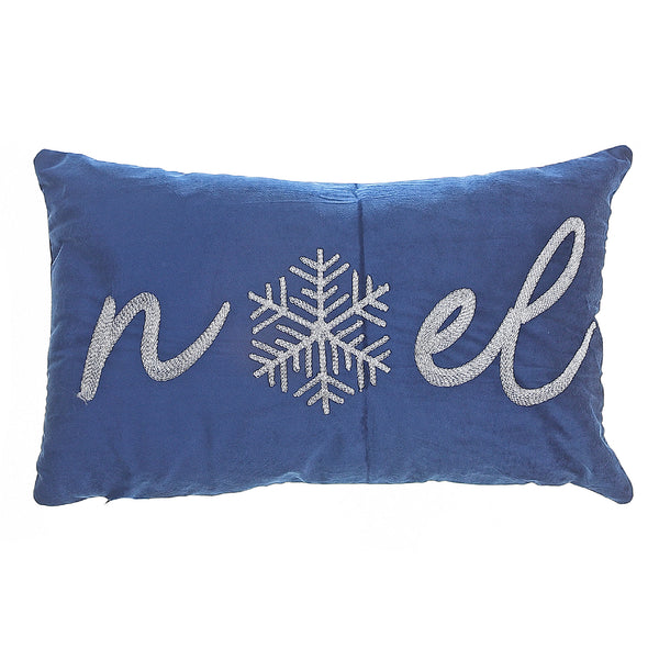 Christmas Velvet Embroidered Cushion Blue Noel 20X12 - Set of 2