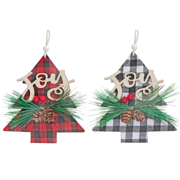 Buffalo Plaid Joy On Tree Wood Ornament (Asstd) - Set of 12