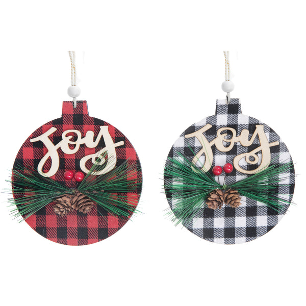 Buffalo Plaid Joy On Ball Wood Ornament (Asstd) - Set of 12